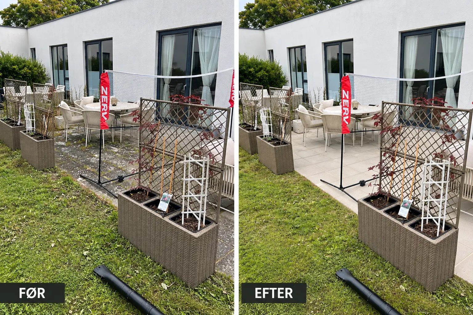 Før og efter fliserens og fjernelse af ukrudt på terrasse på Sjælland