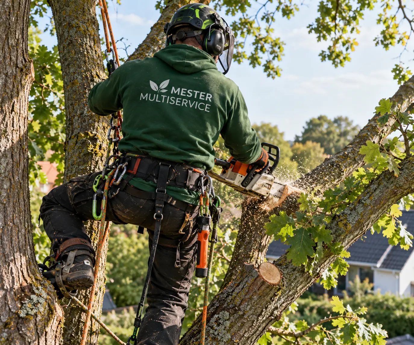 Arborist med klatresele, hjelm og høreværn saver en gren over med motorsav under træfældning