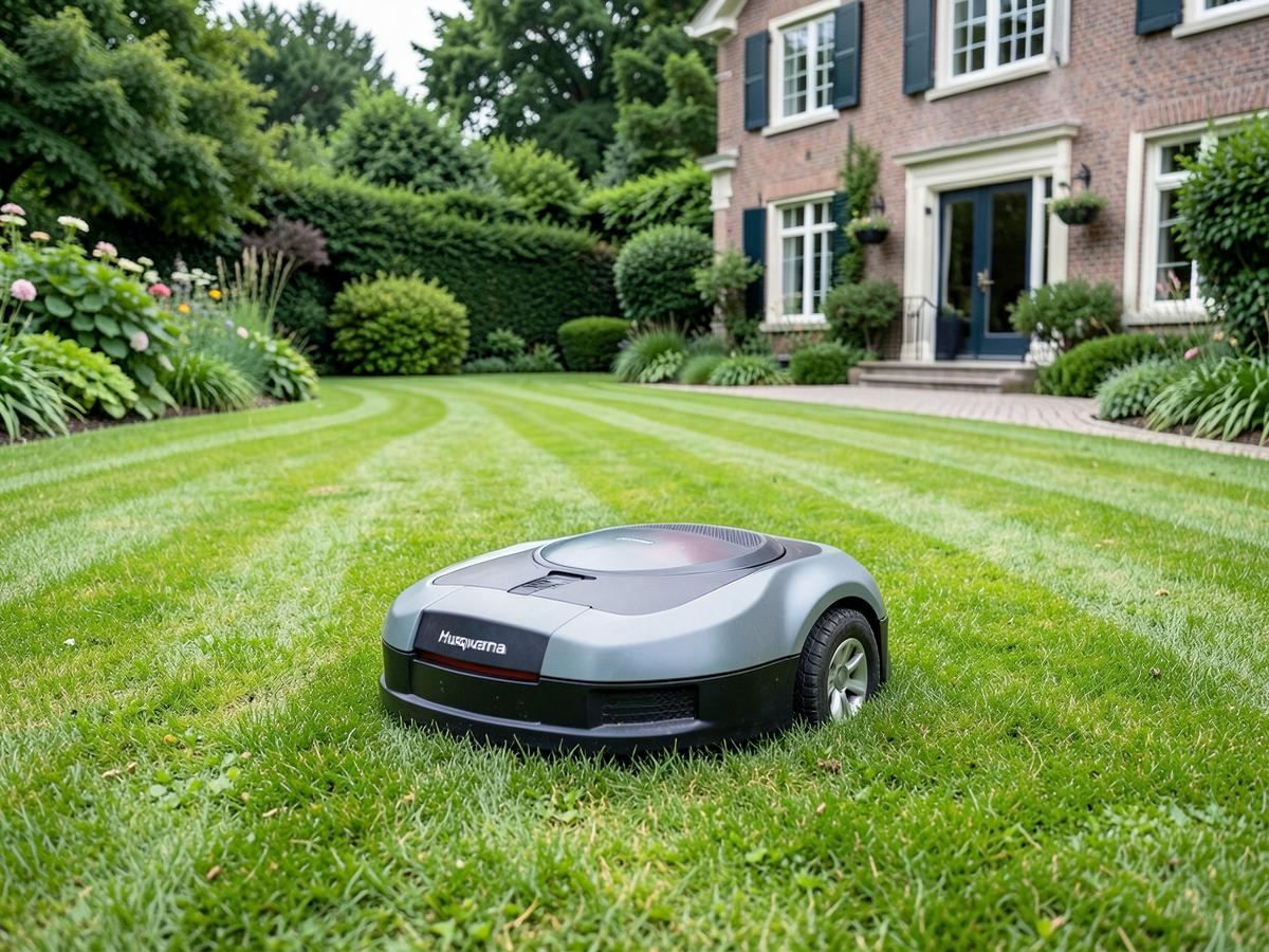 Robotplæneklipper i arbejde på en nyklippet græsplæne